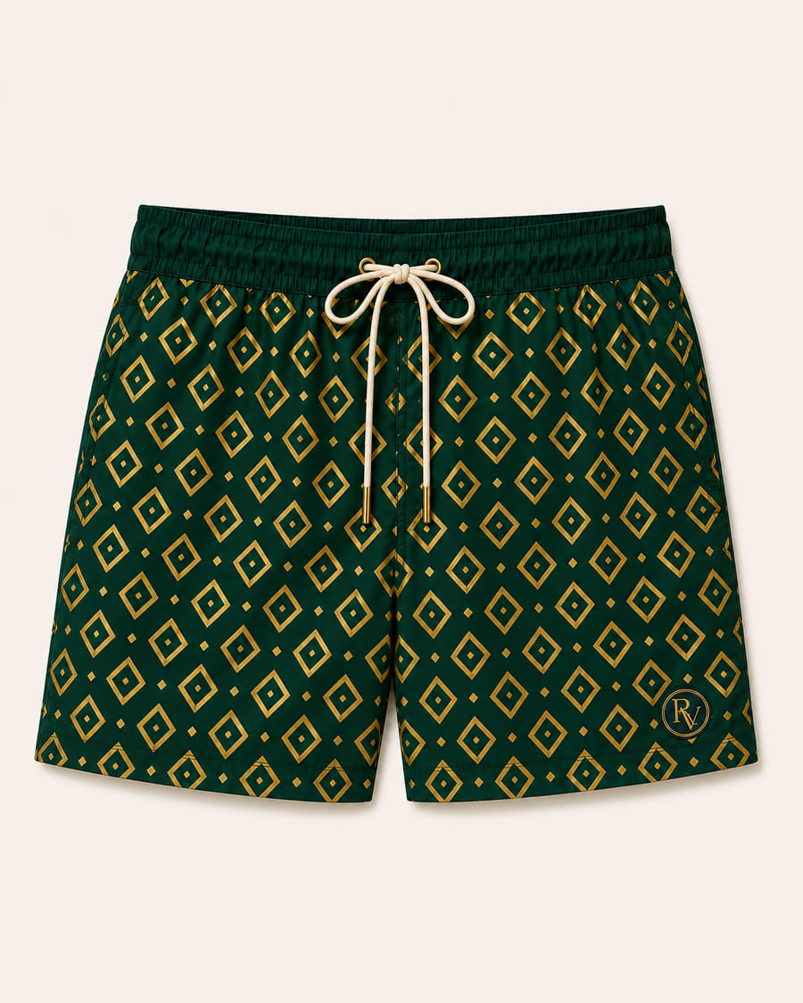 Monaco Geo swim shorts, racing green with gold geometric print