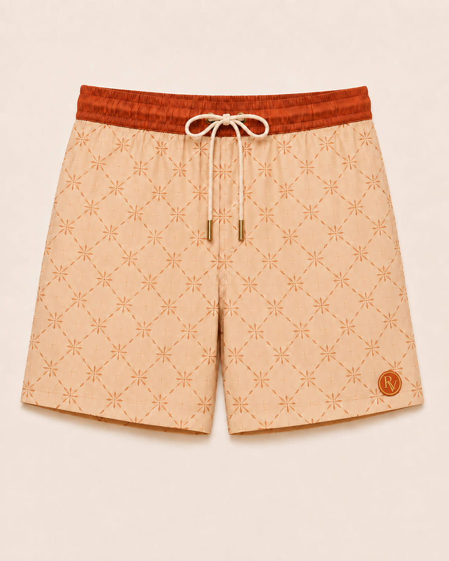 Sunset Lattice swim shorts, terracotta and sand