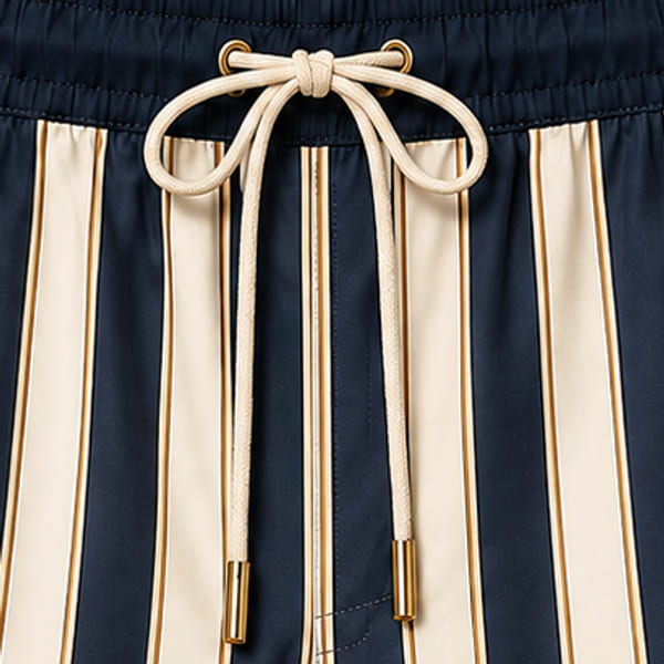 Close-up of the woven drawstring and engraved gold metal tips